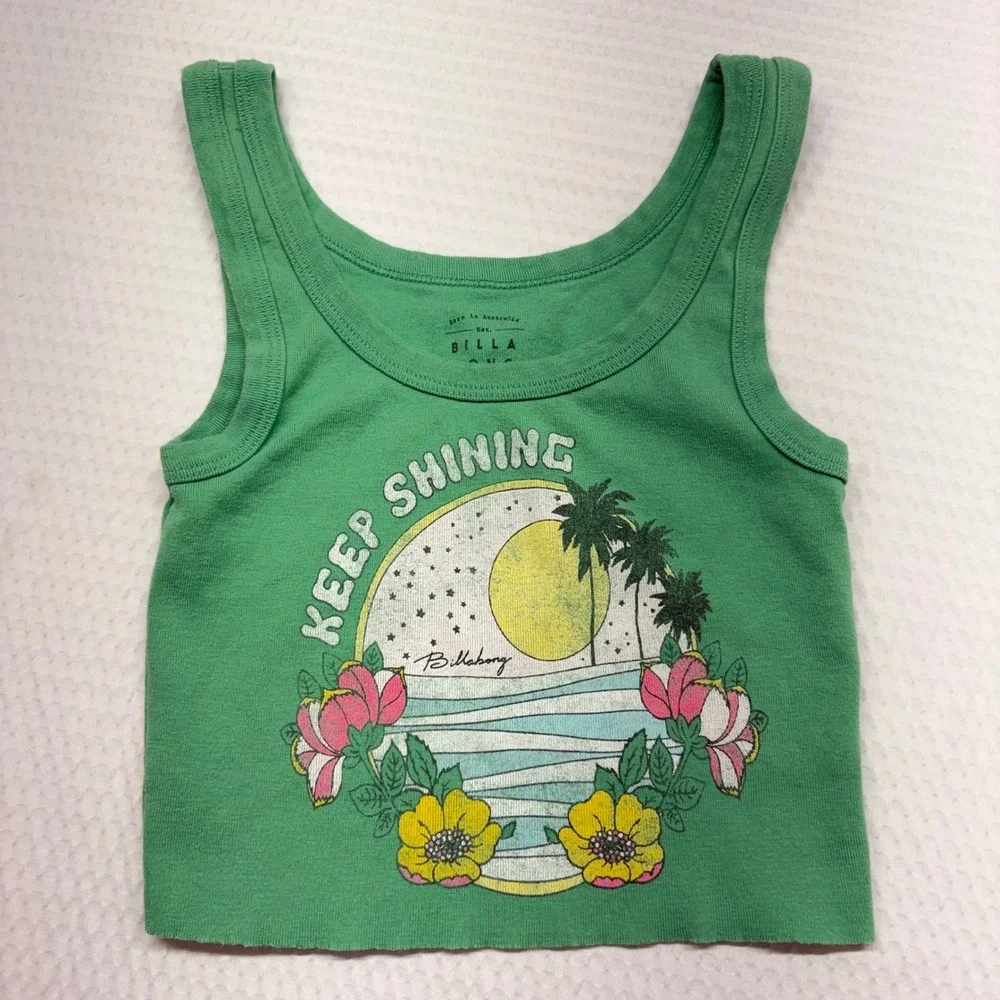 Billabong Graphic Tank Top Girls XS Green Good Keep Shining Tropical Crop